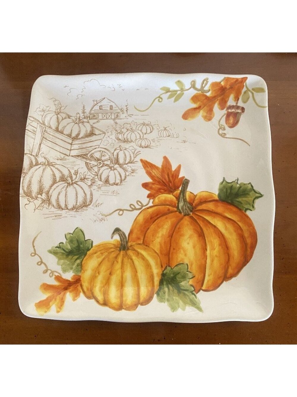 Maxcera Fall Pumpkin Dessert Salad Plate Farm Scene 8.5” Square